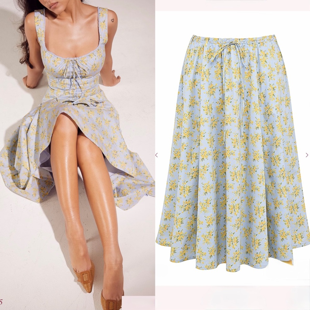 House of CB CORA Soft Blue Vintage Floral Print Cotton Midi Skirt